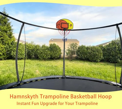 Trampoline Basketball Hoop, Fits Most Straight & Curved Poles, with Stainless Steel Angle-Adjustable Mounting Base, Includes Mini Basketball & Pump (with Clamp, 21 * 14inch)