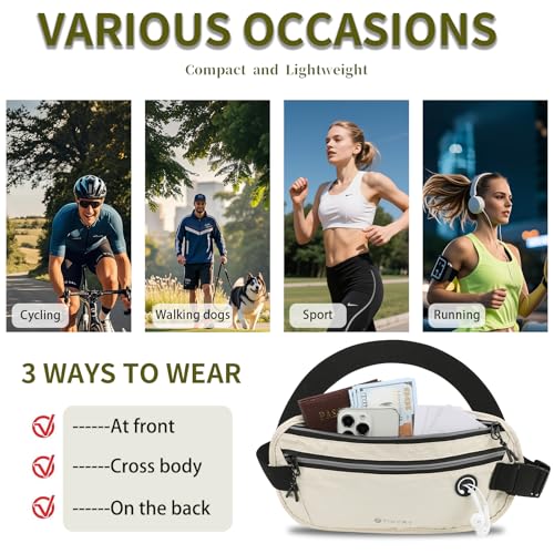 Slim Running Belt for Women Men Runners Fanny Packs With Phone Holder Hidden Pockets Exercise Waist Bag for Marathon Workout - color: Beige/T2085
