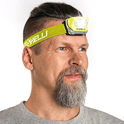 Foxelli LED Headlamp Flashlight for Adults & Kids, Running, Camping, Hiking Head Lamp with White & Red Light, Comfortable Headband, Lightweight & Waterproof, 3 AAA Batteries - color: 1-Pack Neon Yellow