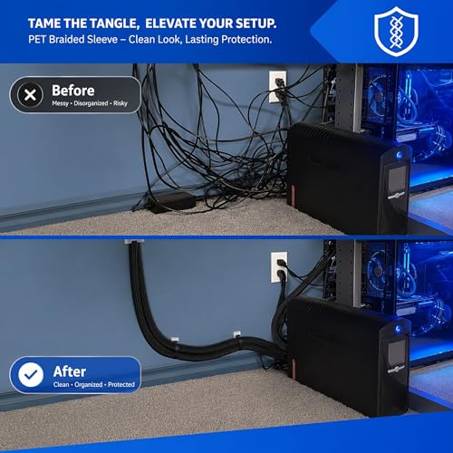Split Cable Management Sleeve 1/4" Braided Wire Loom Tubing Cord Protector - size: 10ft - 1/4"