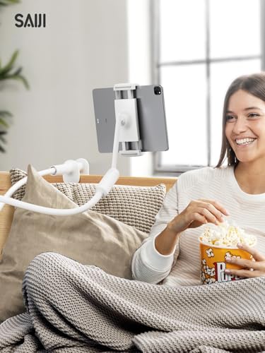 SAIJI Gooseneck Tablet Holder for Bed, One-Hand Adjustable, 47" Length, Upgraded Base, iPad Holder Stand Flexible Lazy Arm, Compatible with iPad/iPhone/Kindle/Switch or Other 4.7-13" Device (White) - color: White