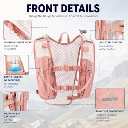 Zavothy Hydration Vest Pack with 1.5L Water Bladder, Lightweight 6L Hydration Backpack for Running, Hiking & Cycling, Breathable Reflective Hydration Vest for Men & Women - color: Pink