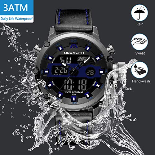 MEGALITH Mens Watches Waterproof Digital Military Sport Tactical Multifunction Heavy Duty Led Rugged Watch for Men, Alarm Stopwatch, Nylon/Leather Strap - color: 6-Black Blue
