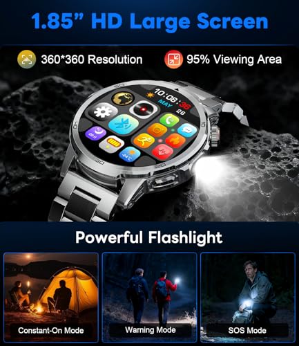 Military Smart Watch for Men Answer/Make Call, 1.85'' HD Rugged Smartwatch with 1000mAh Battery/Flashlight/Heart Rate/110+ Sports Mode, IP68 Waterproof Fitness Tracker Watch for Android iPhone - color: Silver