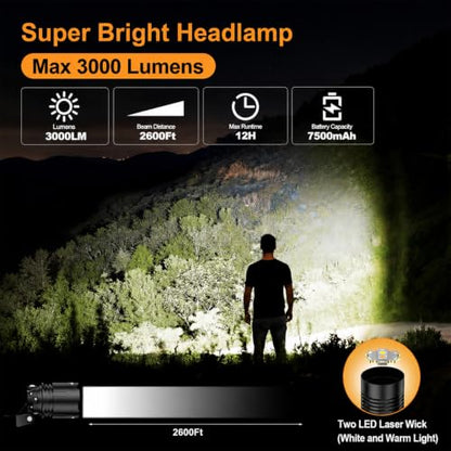SKYFIRE Rechargeable Headlamp 3000 Lumens, LED Brightest Headlamps for Adults with 7500mAh Battery, Motion Sensor Waterproof Headlamp for Camping Hiking Hunting - Dual Light Sources Warm & White Light