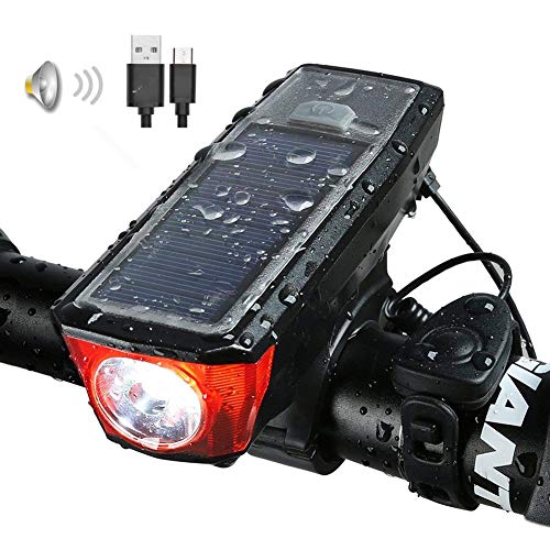 Bike Light, Sloar Powered USB Rechargeable Bicycle Front Lights with Horn