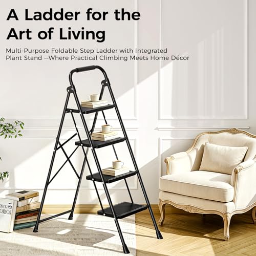 KINGRACK 4 Step Ladder Folding Step Stool with Handrail for Kitchen Black - size: 4-step