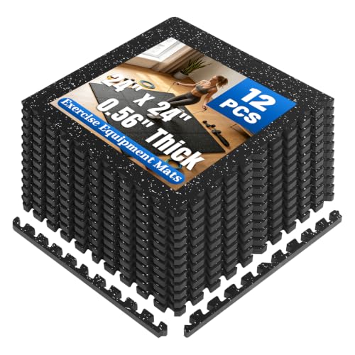 0.56" Thick Rubber Gym Floor Mats, 12 Tiles 48 Sq Ft, Heavy Duty Flooring - size: 12 Tiles (48 Sq Ft)