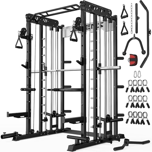 JELENS Smith Machine for Home Gym, Multi-Function M12 Power Cage with Cable Crossover System, Squat Rack with Smith Bar and More Attachment - color: Black, size: M12 Smith Machine Package