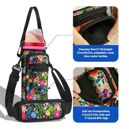 Neoprene Water Bottle Holder Bag with Cell Phone Pocket Compatible with Owala FreeSip 24 oz，Water Bottle Carrying Bag ，with Adjustable Shoulder Strap,for 24oz Stainless Steel Water Bottle - color: Wild Flower