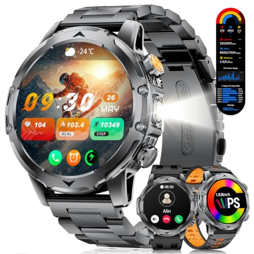1.53'' Smart Watches for Men with 1000mAh Battery/Flashlight, Military Smart Watch with 120+ Sports Modes, Heart Rate/Sleep Monitor/IP68 Waterproof, Fitness Tracker for Android iOS, Gunmetal - color: Gunmetal