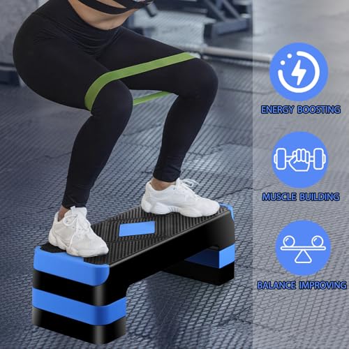 Non-Slip 27 Inch Aerobic Exercise Step Platform 4"-6"-8" Height Adjustable Risers for Home Gym Cardio Training Fitness Workout Stepper Trainer - color: Blue