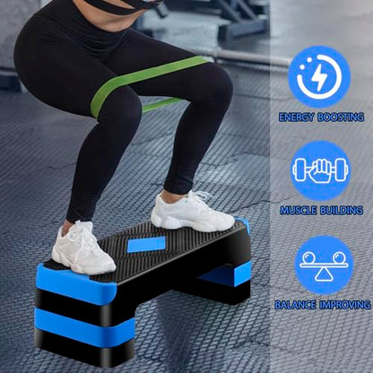 Non-Slip 27 Inch Aerobic Exercise Step Platform 4"-6"-8" Height Adjustable Risers for Home Gym Cardio Training Fitness Workout Stepper Trainer - color: Blue