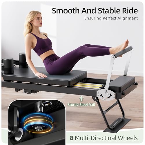 Pilates Reformer, Foldable Reformer Pilates Machine with Dual Resistance - Springs and Cord, Pilates Machine for Advanced and Beginners Users, Up to 300 lbs Weight Capacity, Black