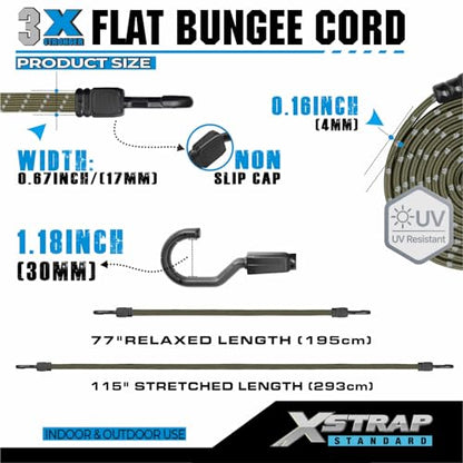XSTRAP STANDARD 4 PCS 77 Inch Flat Reflective Bungee Cords with Hooks - color: Reflective Army Green