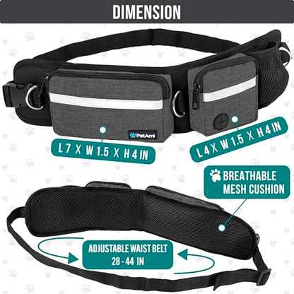 PetAmi Hands Free Dog Leash, Dog Running Leash Belt Bag for Walking, Jogging, Dog Waist Double Zipper Pouch with Poop Bag Dispenser, Dual Padded Handles Reflective Bungee Leash, Single (Charcoal Grey) - color: Charcoal Grey, size: 1 Leash