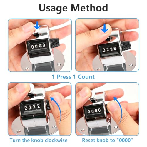 5Pcs Clicker Counter Set, 4 Digit Hand Counter Clicker with Loop, Metal Hand Tally Counter with Round Base for Sports, Events, Game, Scores, Golf, Silver