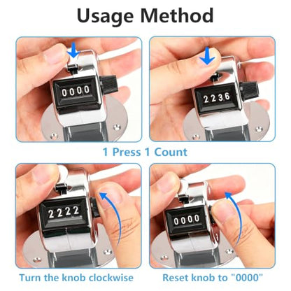 5Pcs Clicker Counter Set, 4 Digit Hand Counter Clicker with Loop, Metal Hand Tally Counter with Round Base for Sports, Events, Game, Scores, Golf, Silver