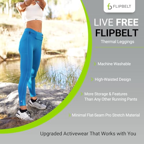 FlipBelt Women's Thermal Fleece-Lined Leggings with Built-in Running Belt with Pockets High-Waisted Moisture-Wicking - color: Blue Bay, size: X-Large