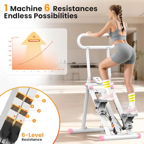 HXD-ERGO Stair Stepper, Upgrade 6-Level Resistance Stair Master with Adjustable Handlebar, Folding Stair Climber Workout Machine - color: White&Pink