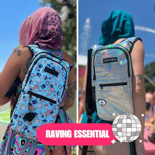 Kandies World Reflective Festival Hydration Pack - 2L Hydropack for Raves, Hiking, Biking, Running, and More (with Anti-Theft Pocket) - style: Pink Holographic