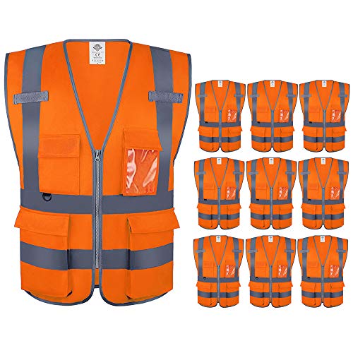 Dazonity Safety Vest with Pockets & Zipper, 10 Pcs,Reflective, for Construction(Orange-3XL) - color: Orange-3xl