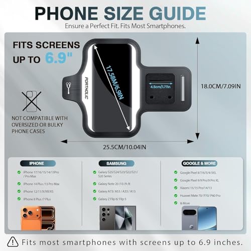 PORTHOLIC Running Armband Phone Holder with Earphone Pouch Fits up to 6.9" - color: Black(Up to 6.9'')