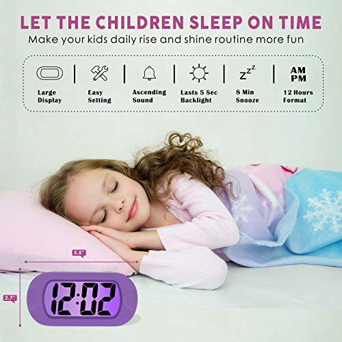 Plumeet Kids Alarm Clock Large Digital LCD Travel Alarm Clocks with Snooze and Night Light - Ascending Sound and Handheld Size - Best Gift for Kids (Purple) - color: Purple