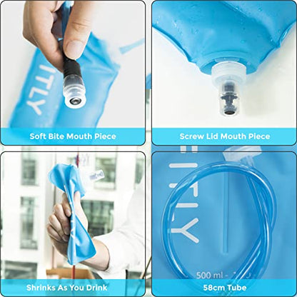 FITLY Soft Flask - Collapsible Water Bottle with Hydration Tube - Shrinks As You Drink Portable Water Bladder for Running Vest Hydration Pack, Hiking, Backpacking & Cycling - 17oz (FLASK500ml)