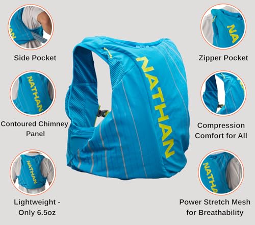 Nathan Men's Pinnacle Race Vest 12L Hydration Pack, 1.6L Water Bladder, Running Vest, Water-Resistant Pockets, Lightweight & Moisture Wicking - color: Blue Me Away / Finish Lime, size: X-Small