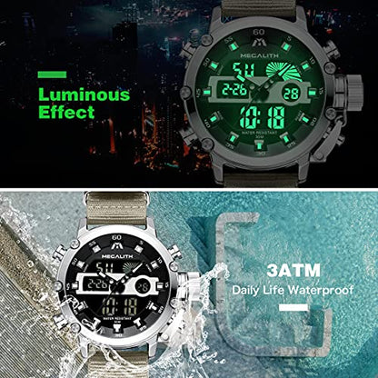 MEGALITH Mens Watches Waterproof Digital Military Sport Tactical Multifunction Heavy Duty Led Rugged Watch for Men, Alarm Stopwatch, Nylon/Leather Strap - color: 8-Khaki
