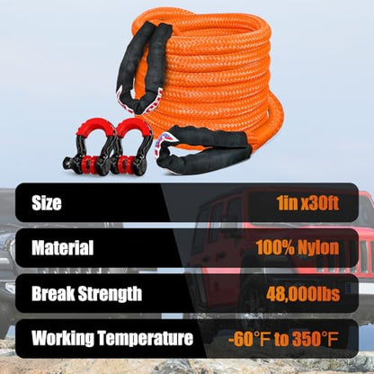 Nilight Kinetic Recovery Rope Kit with D-Ring Shackle Towing Strap - color: 1in x 30ft Rope+2Pcs Anti-Theft D-Ring Shackles