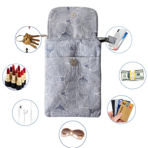 LassZone Canvas Cute Crossbody Bags for Women Mini Shoulder Handbag Cell Phone Purse Wallet Leaves Pattern Coin Pouch - color: Light Grey