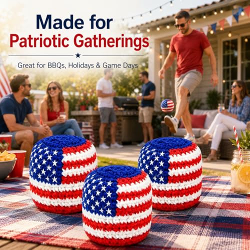USA Flag Handmade Footbag 3 Pack, Crochet Kick Balls for Outdoor Games