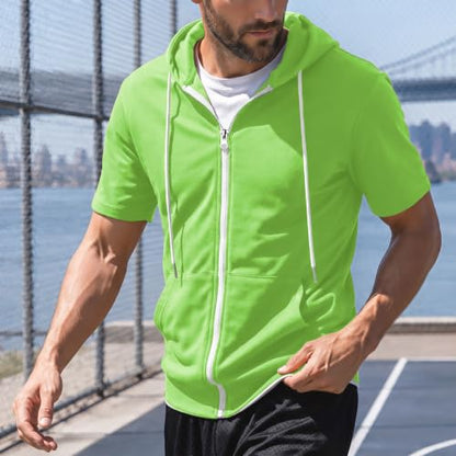Ohoo Mens Slim Fit Zip up Hoodie Cotton Blend Soft Fabric Short Sleeve Lightweight Comfy Basic Jacket with Kanga Pocket - color: Dcf007-neon Green, size: 3X-Large