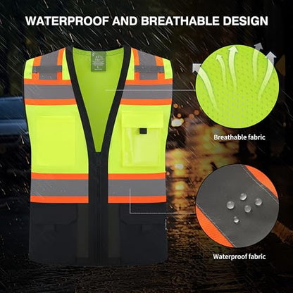 Gasoline Class 2 High Visibility Reflective Safety Vests Women & Men With 5 Pockets And Zipper Front,Meets Ansi/Isea - color: Yellow Black, size: Large