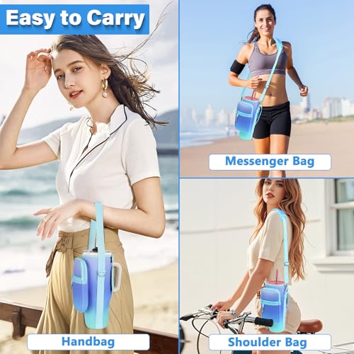 LEFOR·Z Water Bottle Carrier Bag with Phone Pocket Compatible with Stanley/Meoky 40 oz Tumbler with Handle,Water Bottle Holder Pouch with Adjustable Strap Compatible with Stanley Cup Accessories - color: Blue Gradient-Style B