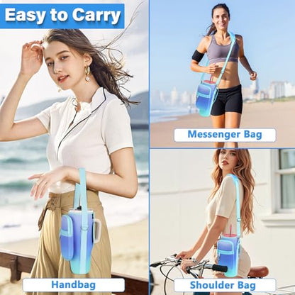 LEFOR·Z Water Bottle Carrier Bag with Phone Pocket Compatible with Stanley/Meoky 40 oz Tumbler with Handle,Water Bottle Holder Pouch with Adjustable Strap Compatible with Stanley Cup Accessories - color: Blue Gradient-Style B