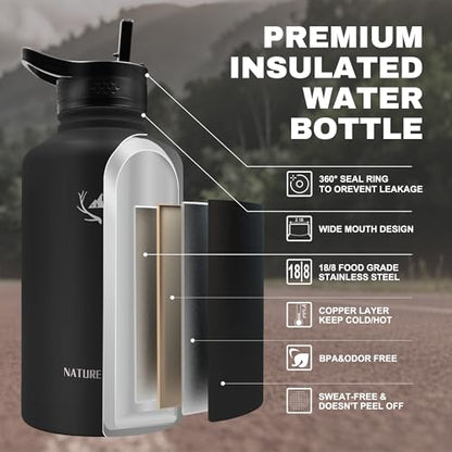 NATURE PIONEOR 64 oz Insulated Water Bottle with Carrier Bag & 3 Lids - color: Black, size: 64 Ounces