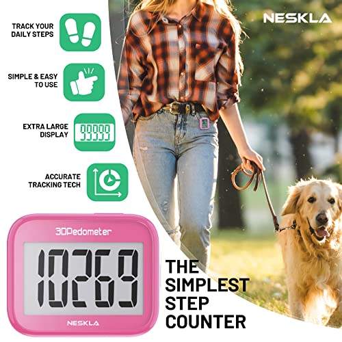 NESKLA 3D Pedometer, Simple Step Counter with Large LCD Display for Walking - color: Pink
