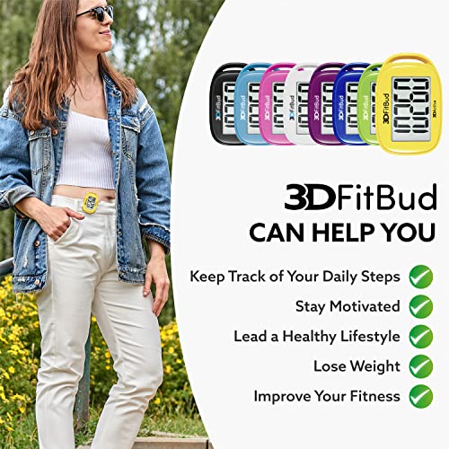 3DFitBud Simple Step Counter Walking 3D Pedometer by 3DActive with Clip, Lanyard Accurate Step Tracker Large Display, Easy to Use for Kids Men Women Adult Seniors Daily Step Tracking - A420S - color: Yellow