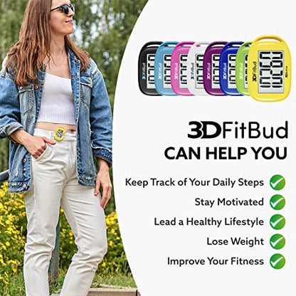 3DFitBud Simple Step Counter Walking 3D Pedometer by 3DActive with Clip, Lanyard Accurate Step Tracker Large Display, Easy to Use for Kids Men Women Adult Seniors Daily Step Tracking - A420S - color: Yellow