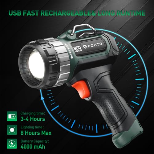 FORTO Compact Rechargeable Spotlight with Adjustable Focus, Handheld Spot Light with Stand, 2700ft Range, 3 Light Modes and LED Spot Lights Outdoor for Boating Hunting Camping Hiking - color: Green