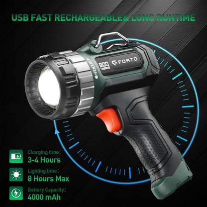 FORTO Compact Rechargeable Spotlight with Adjustable Focus, Handheld Spot Light with Stand, 2700ft Range, 3 Light Modes and LED Spot Lights Outdoor for Boating Hunting Camping Hiking - color: Green