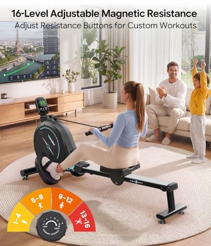 Wenoker Rowing Machine for Home, Magnetic Rower Machine, 350 LB Weight Capacity, 16-Level Silent Resistance Row Machine for Gym Exercise - color: Blue