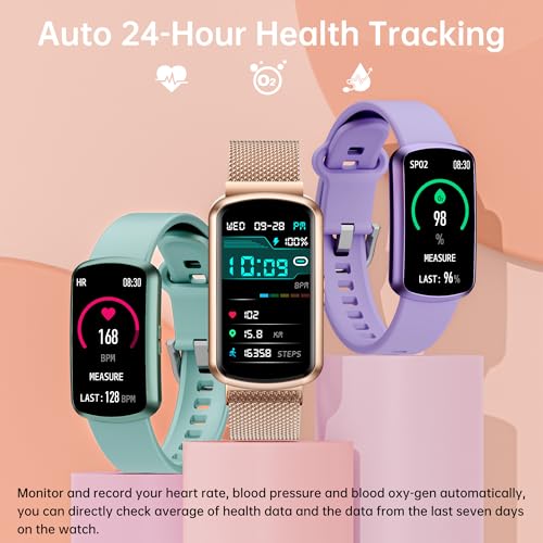 Health Fitness Tracker with 24/7 Heart Rate, Smart Watch with Blood Pressure and Blood Oxy-gen Monitor, Bulit-in 120+ Sport Mode, Sleep Tracking Waterproof Activity Tracker for Women Men - color: Pink Gold