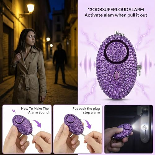 Personal Safety Keychain Set for Women, Self Defense Kit with 130DB Alarm, Wristlet, Emergency Tools - color: Purple