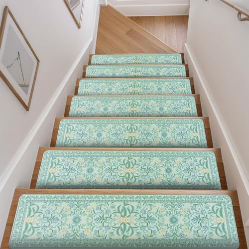 OJIA Blue Stair Treads Non Slip 15PCS 8"x30" Stair Runners for Wooden Steps - color: Light Blue-floral, size: 15PCS