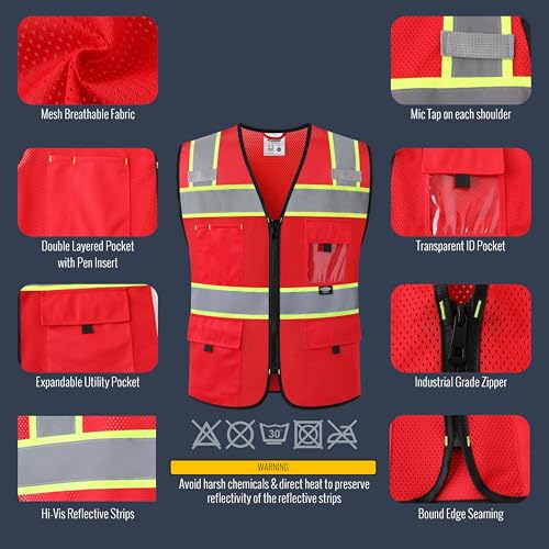 JKSafety Safety Vest for Men Women Hi Vis Relfective Vest with Pockets High Visibility Meet ANSI Standard - color: 331-red, size: Medium