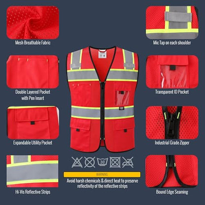 JKSafety Safety Vest for Men Women Hi Vis Relfective Vest with Pockets High Visibility Meet ANSI Standard - color: 331-red, size: Medium